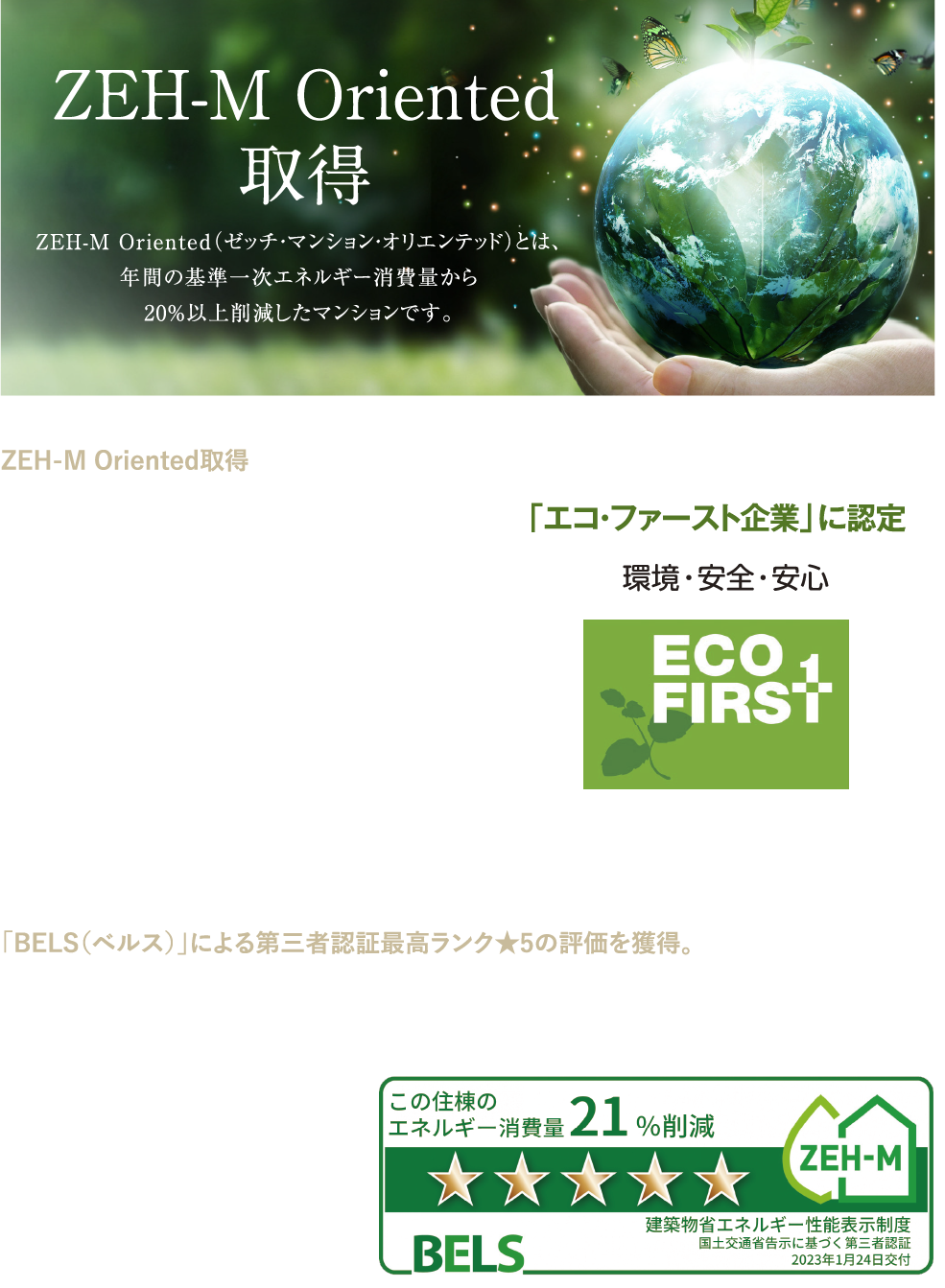 ZEH-M Oriented取得／「BELS（ベルス）」による第三者認証最高ランク★5の評価を獲得。